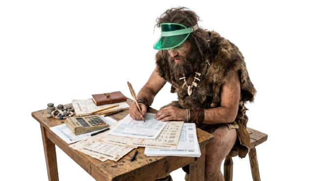 A caveman in a green accountant's visor doing the books at a wooden desk