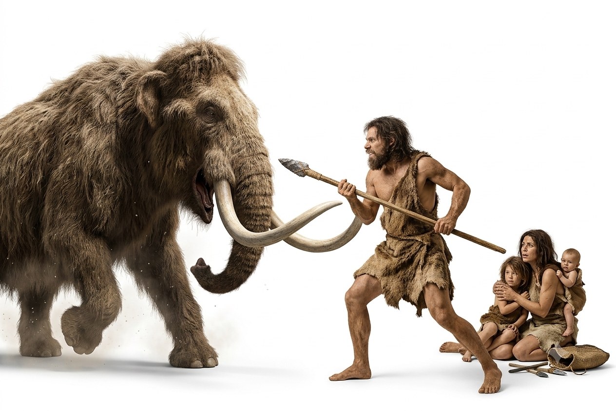 A caveman with a spear standing between his family and a charging mammoth